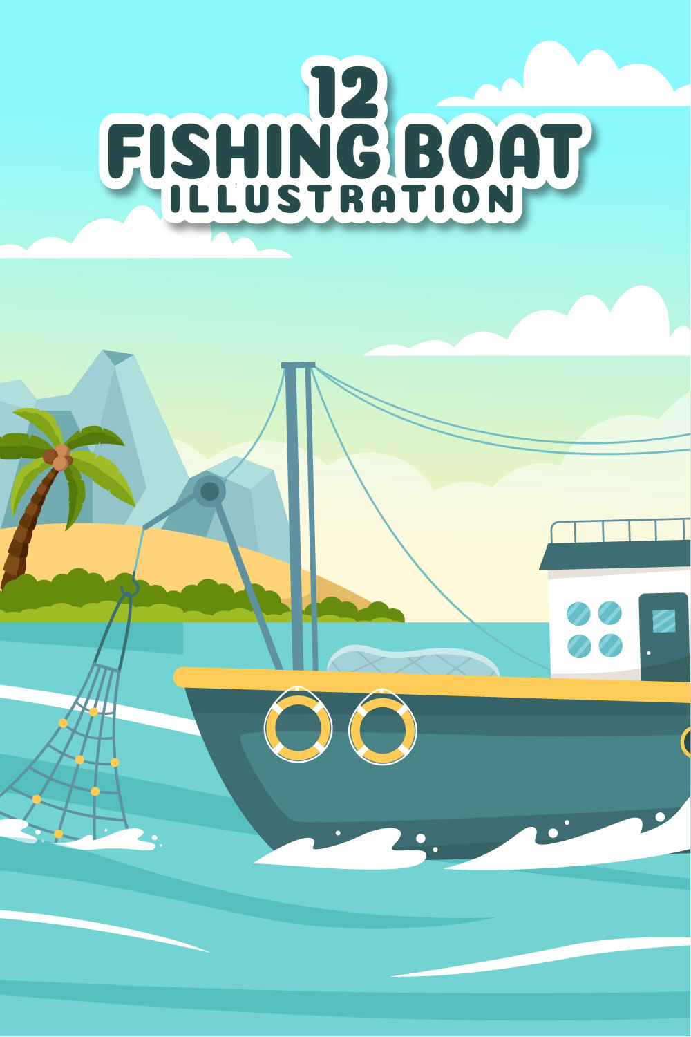 12 Fishing Boat Vector Illustration pinterest preview image.