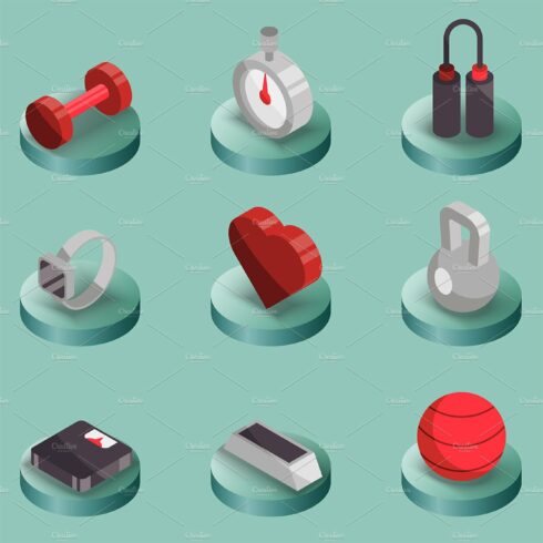 Fitness color isometric icons cover image.