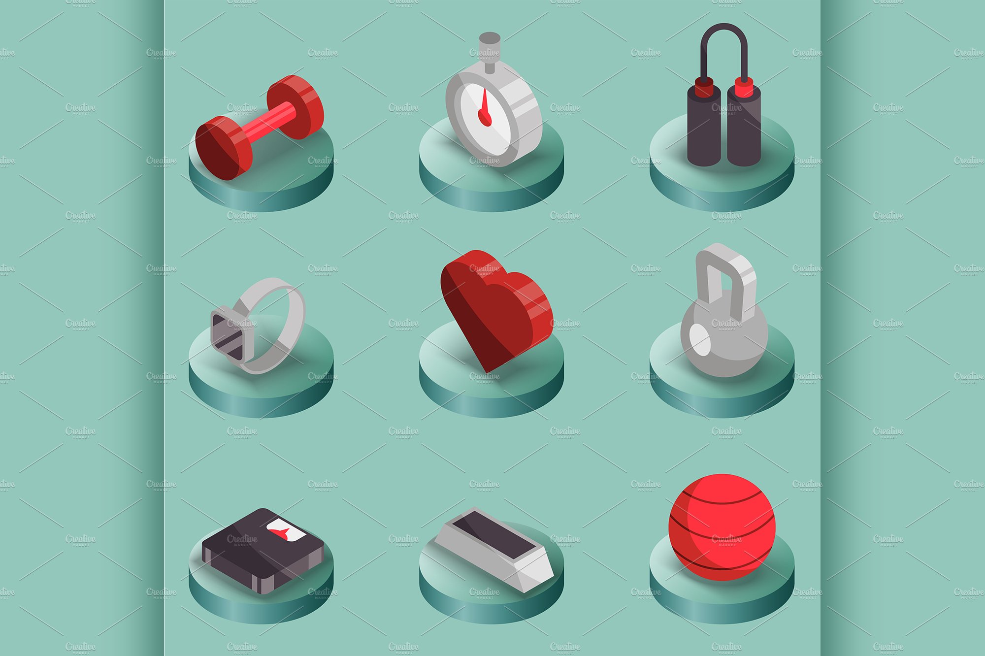 Fitness color isometric icons cover image.
