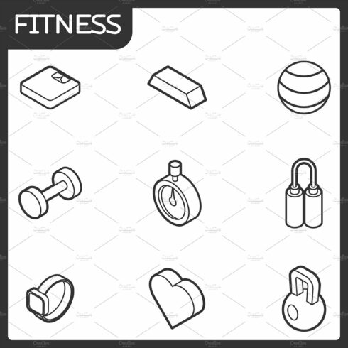 Fitness outline isometric icons cover image.