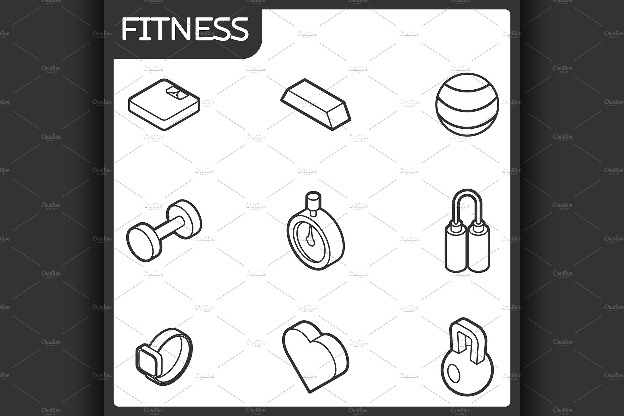 Fitness outline isometric icons cover image.