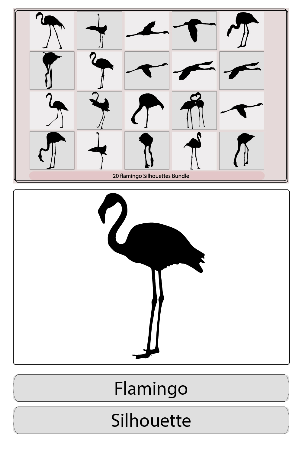 Flamingo silhouettes,Black silhouette flamingo logo vector,Flamingo Set Black and White pinterest preview image.