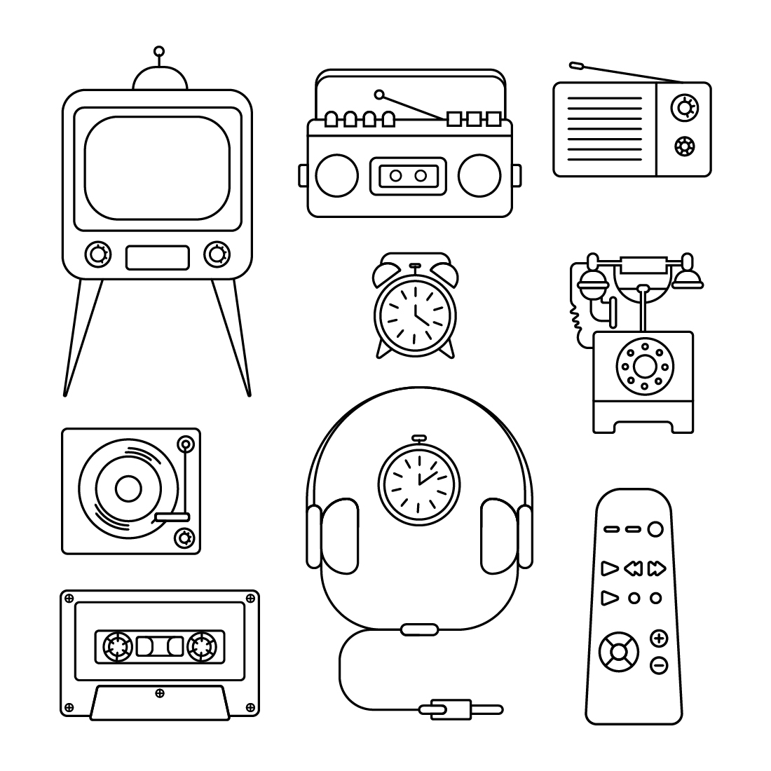 Black and white line drawing of various electronics.