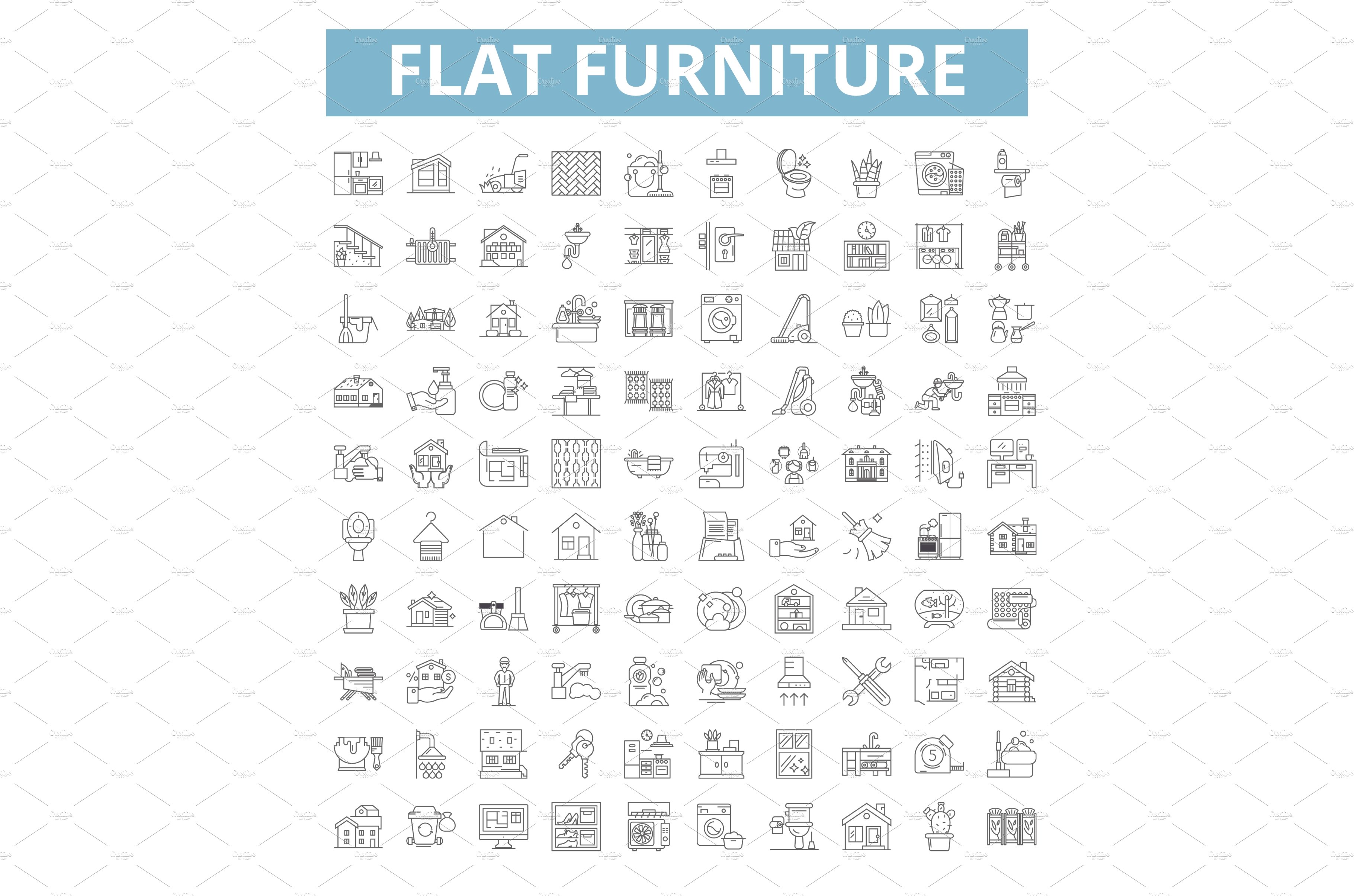 Flat furniture icons, line symbols cover image.