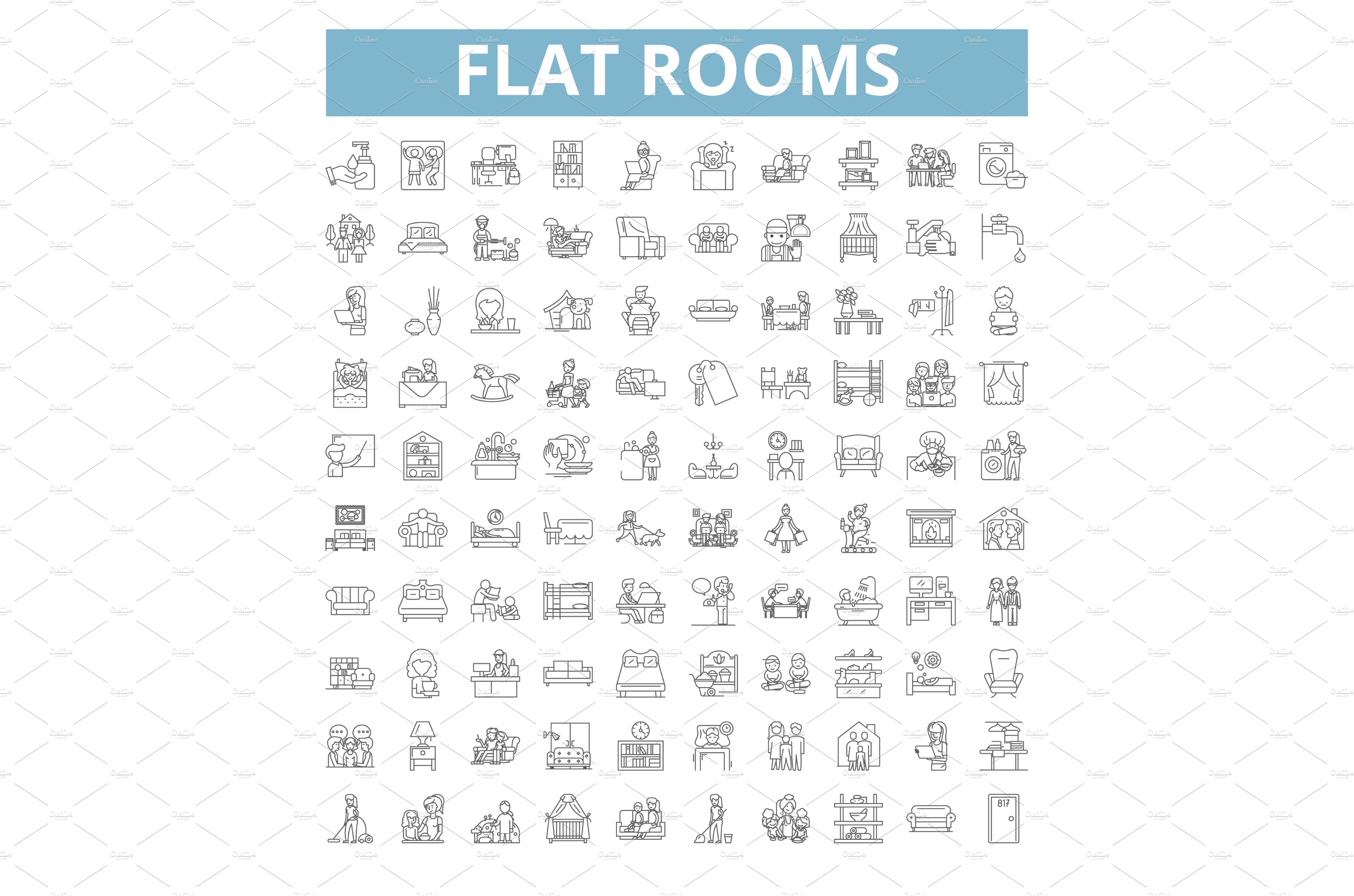 Flat rooms icons, line symbols, web cover image.