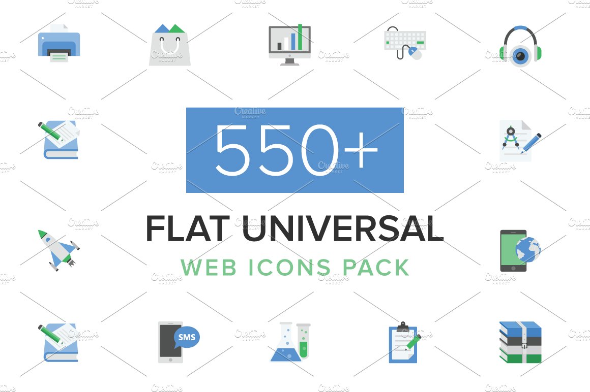 550+ Flat Universal Web Icons Pack cover image.