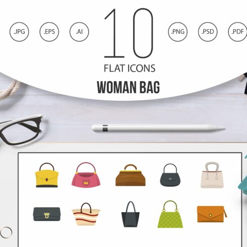 Woman bag icon set, flat style cover image.