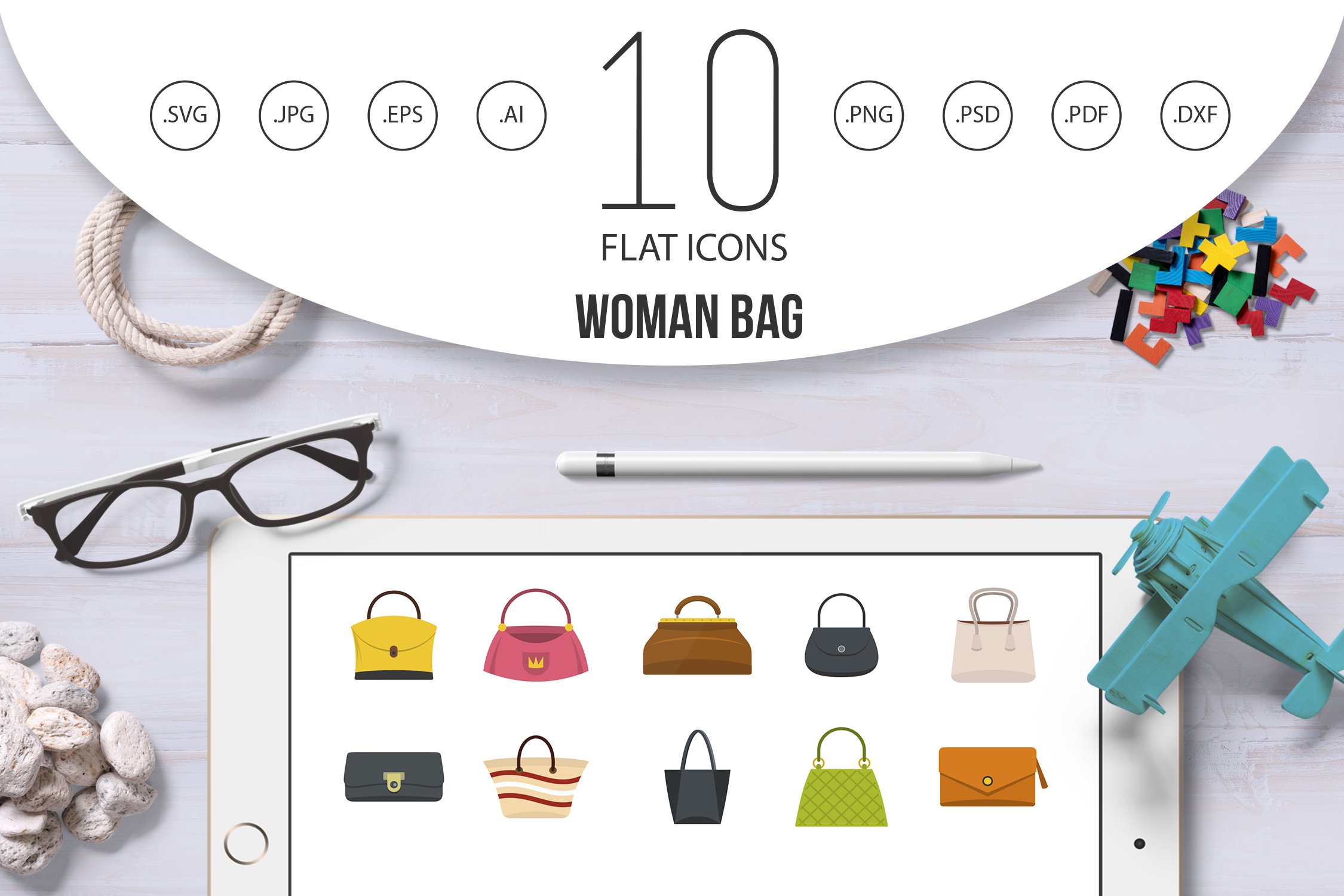 Woman bag icon set, flat style cover image.
