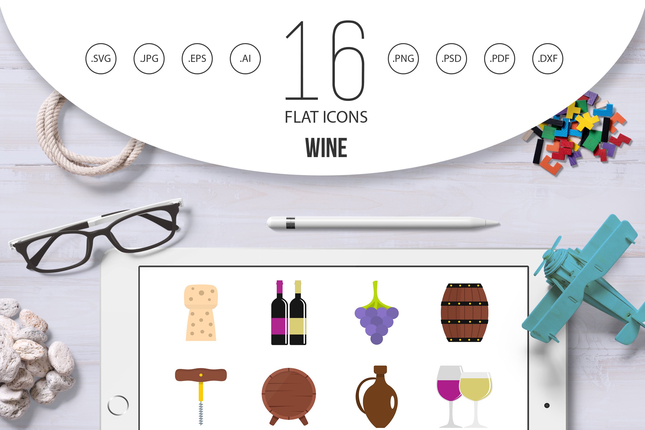 Wine icons set in flat style cover image.