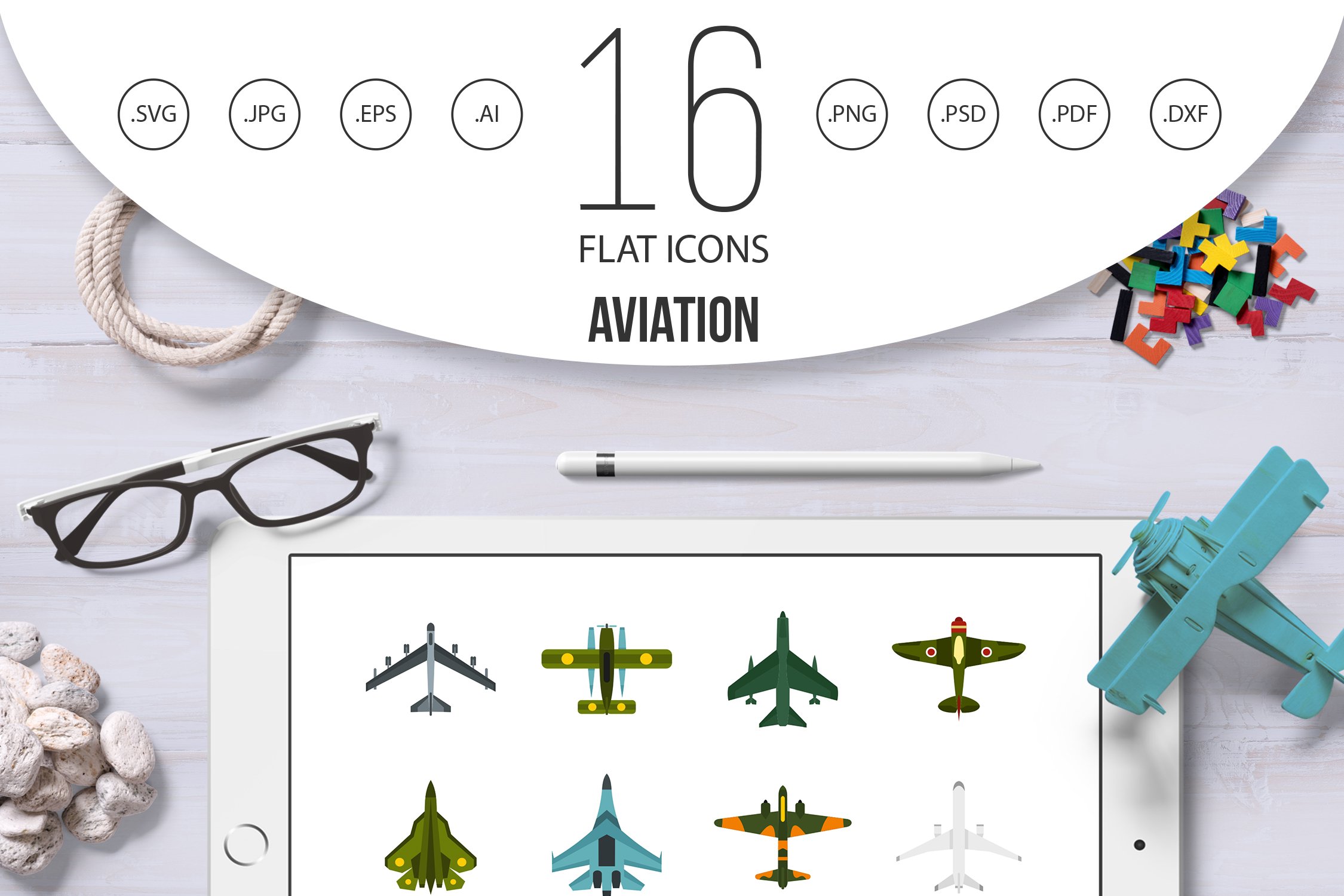 Aviation icons set, flat style cover image.