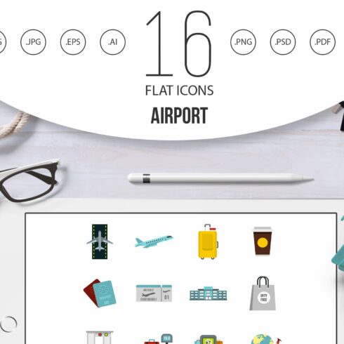 Airport icons set in flat style cover image.