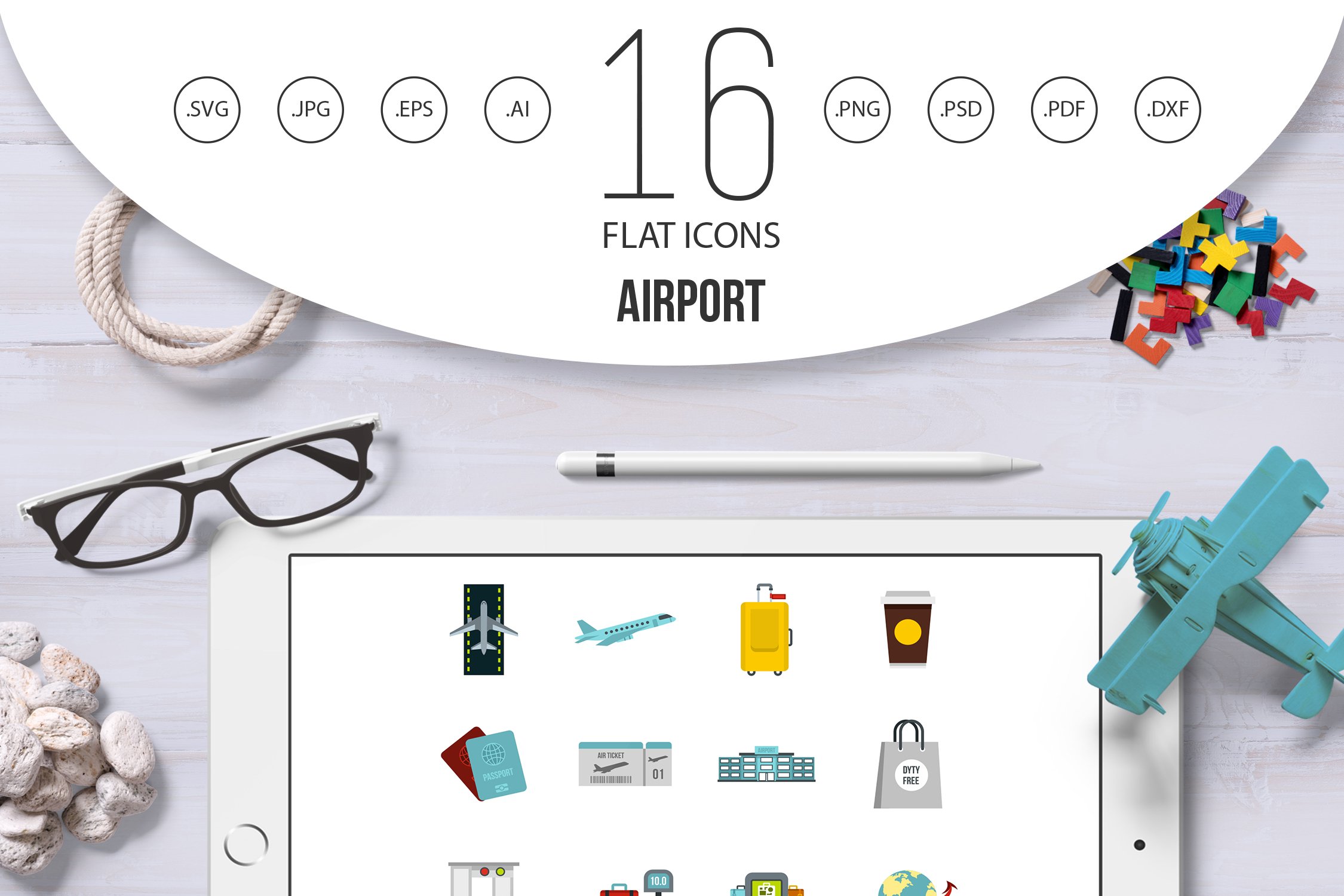 Airport icons set in flat style cover image.