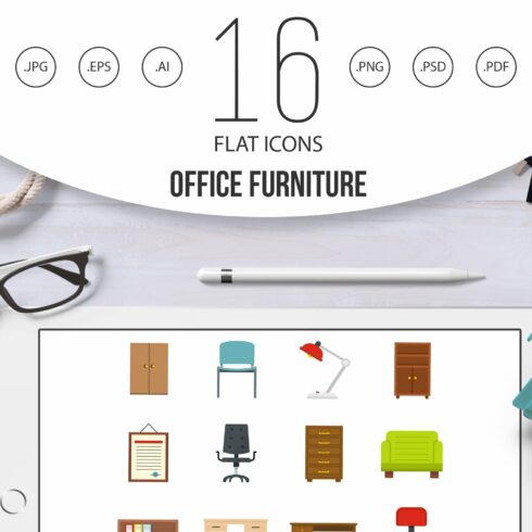 Office furniture icons set in flat cover image.