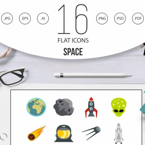Space set flat icons cover image.