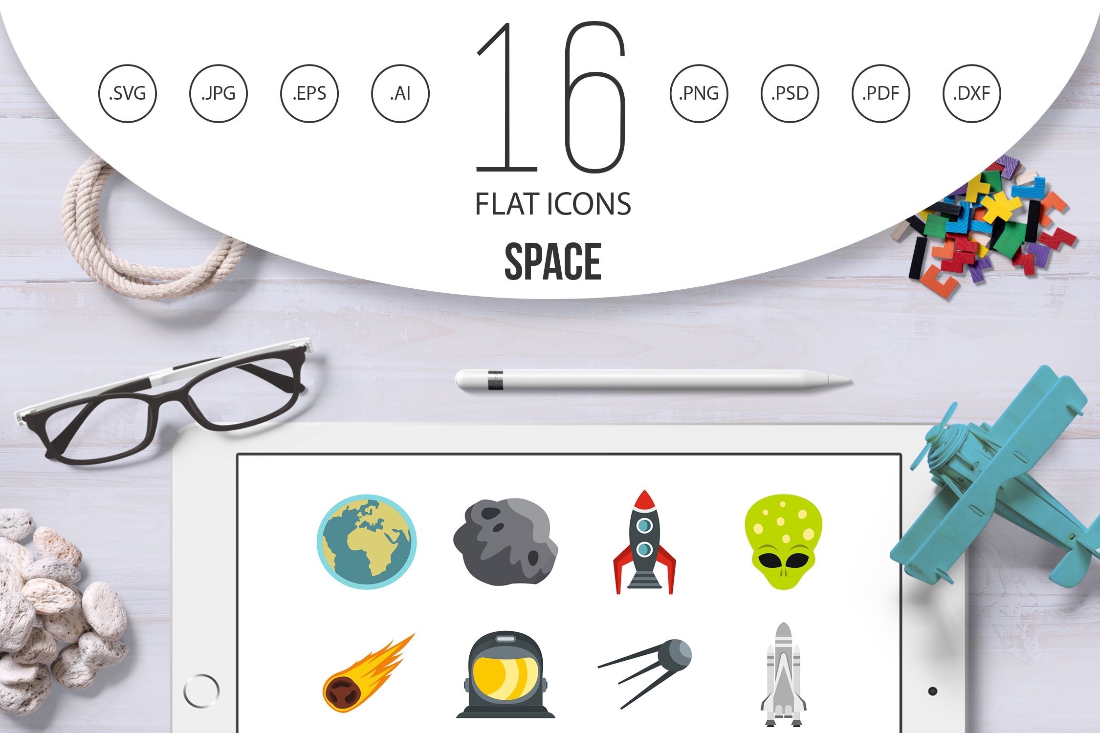 Space set flat icons cover image.