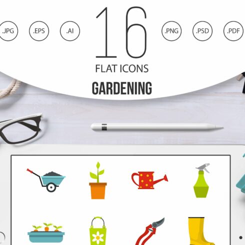 Gardening icons set, flat style cover image.