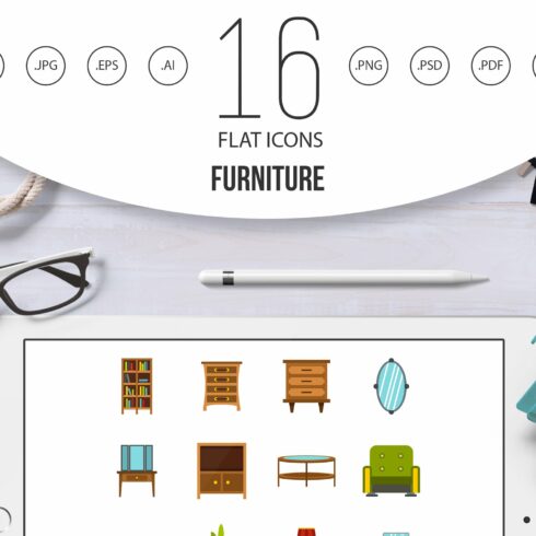 Furniture icons set, flat style cover image.