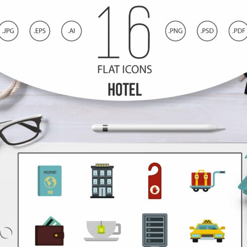 Hotel icons set, flat style cover image.