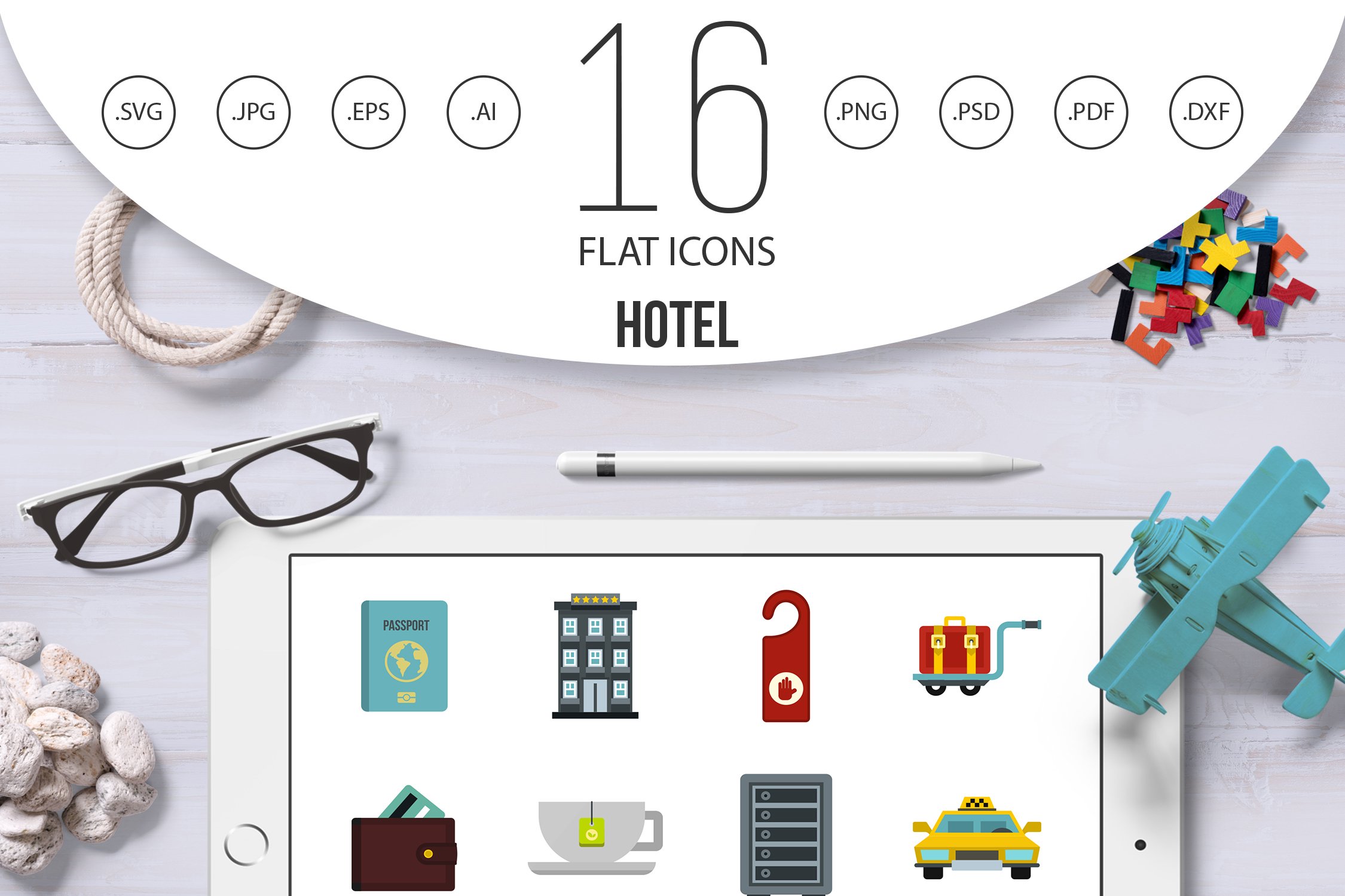 Hotel icons set, flat style cover image.