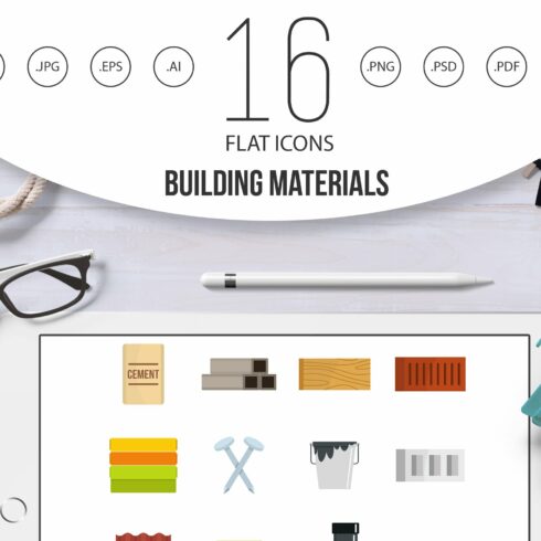 Building materials icons set in flat cover image.