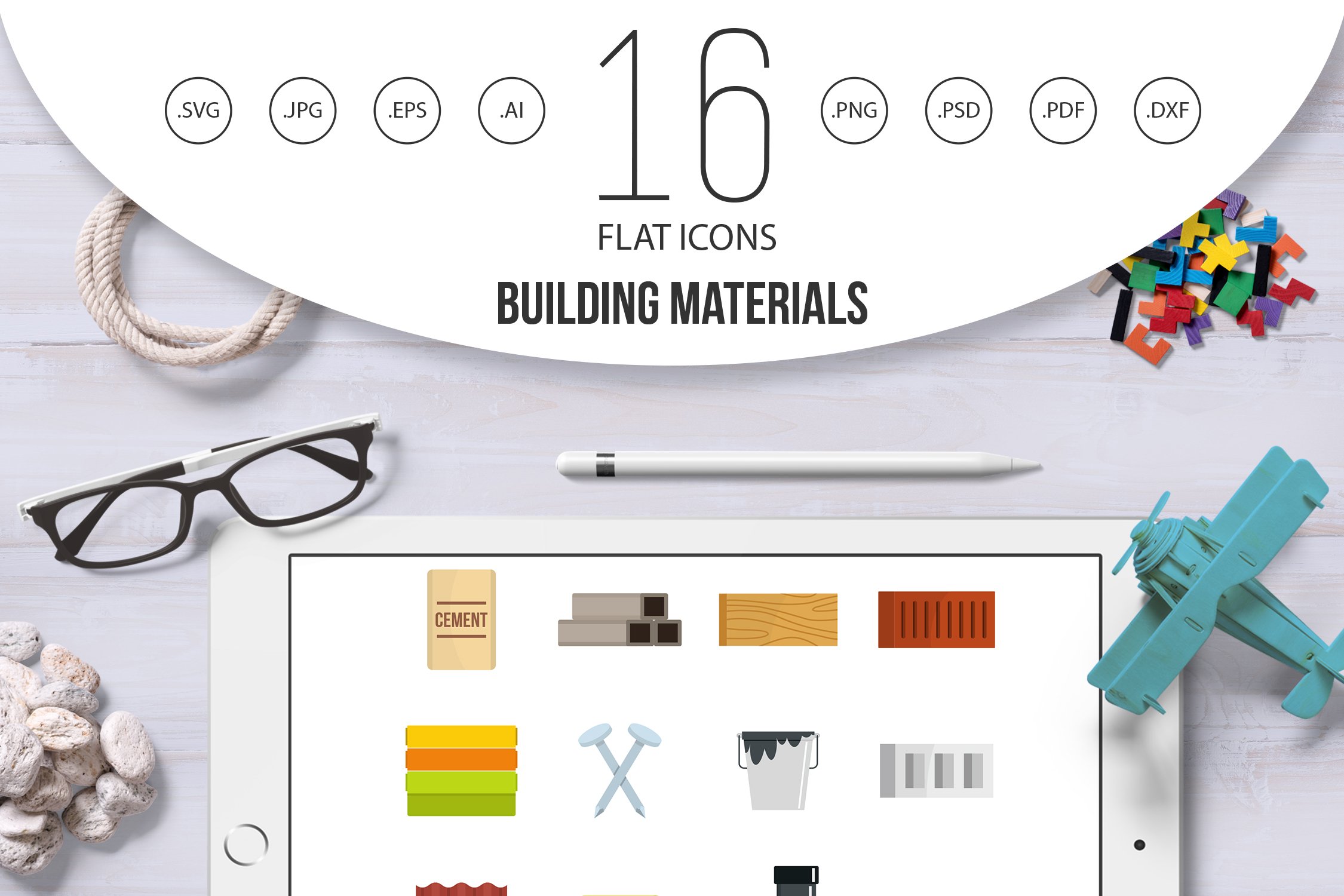 Building materials icons set in flat cover image.