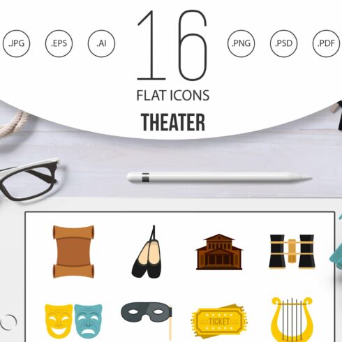 Theater set flat icons cover image.