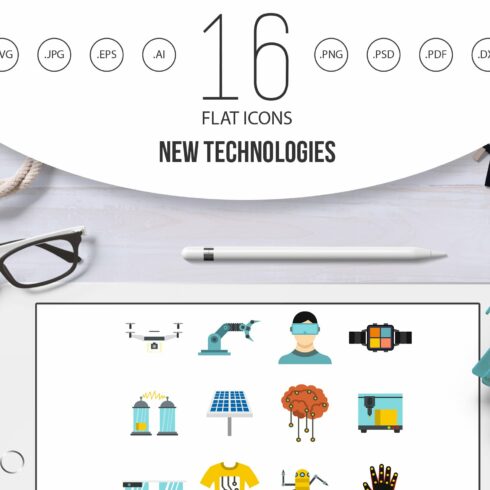 New technologies icons set, flat cover image.
