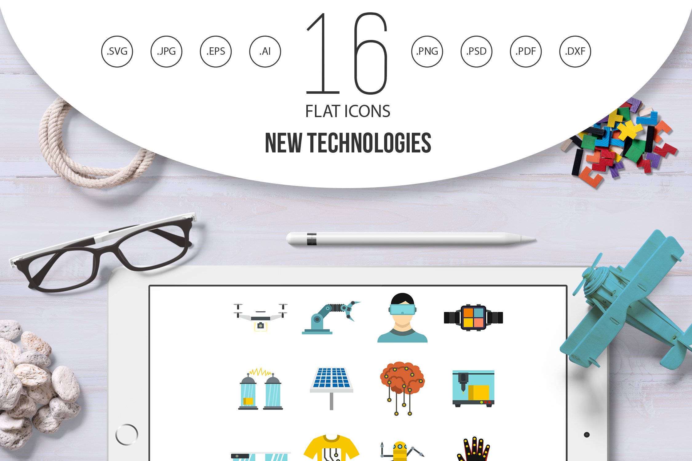 New technologies icons set, flat cover image.