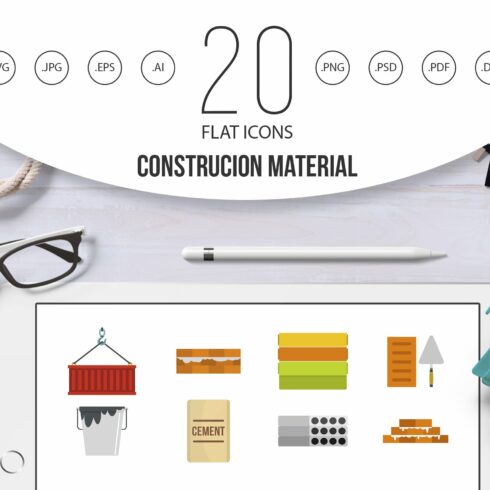 Construcion material icon set, flat cover image.