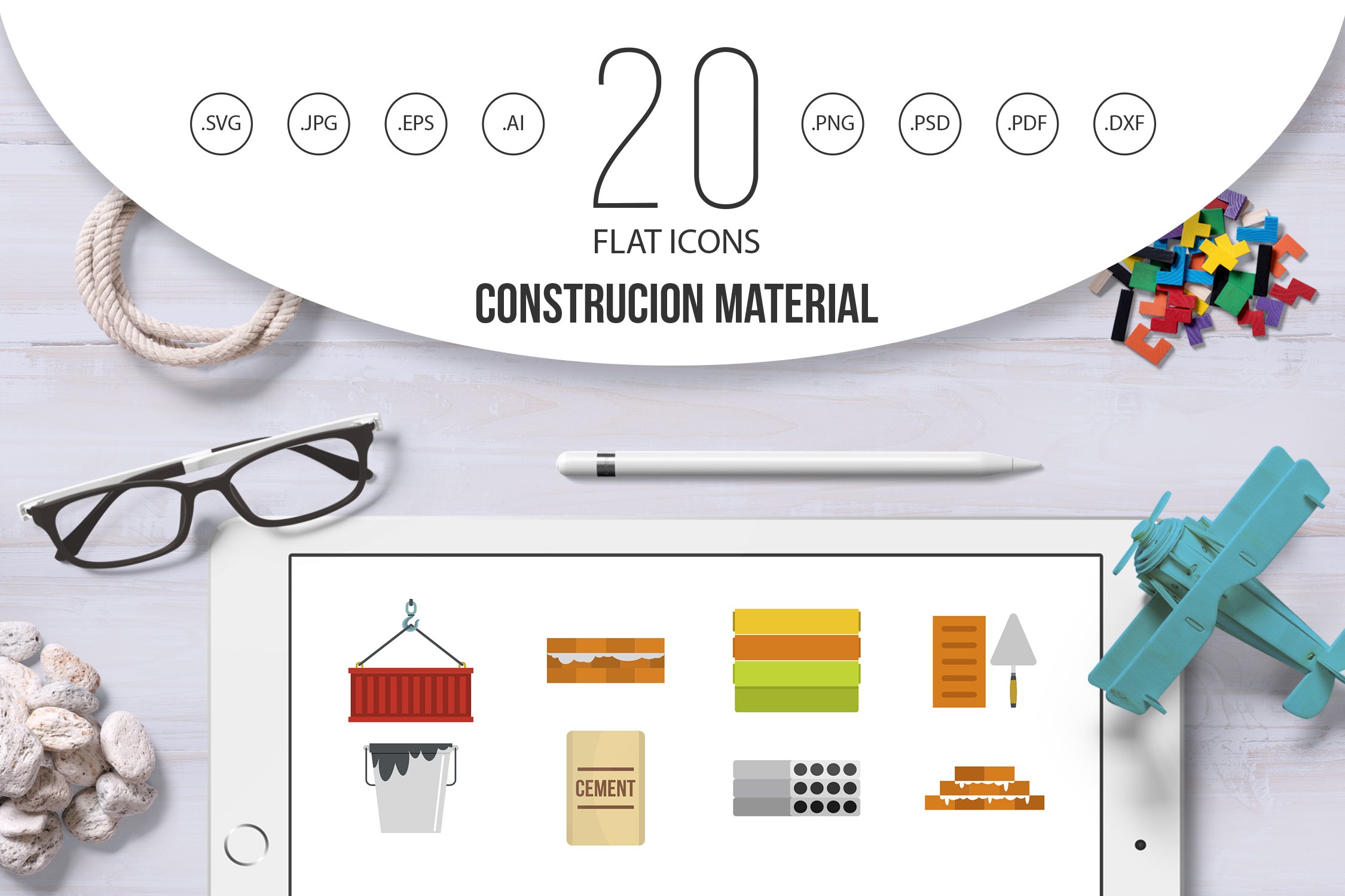 Construcion material icon set, flat cover image.