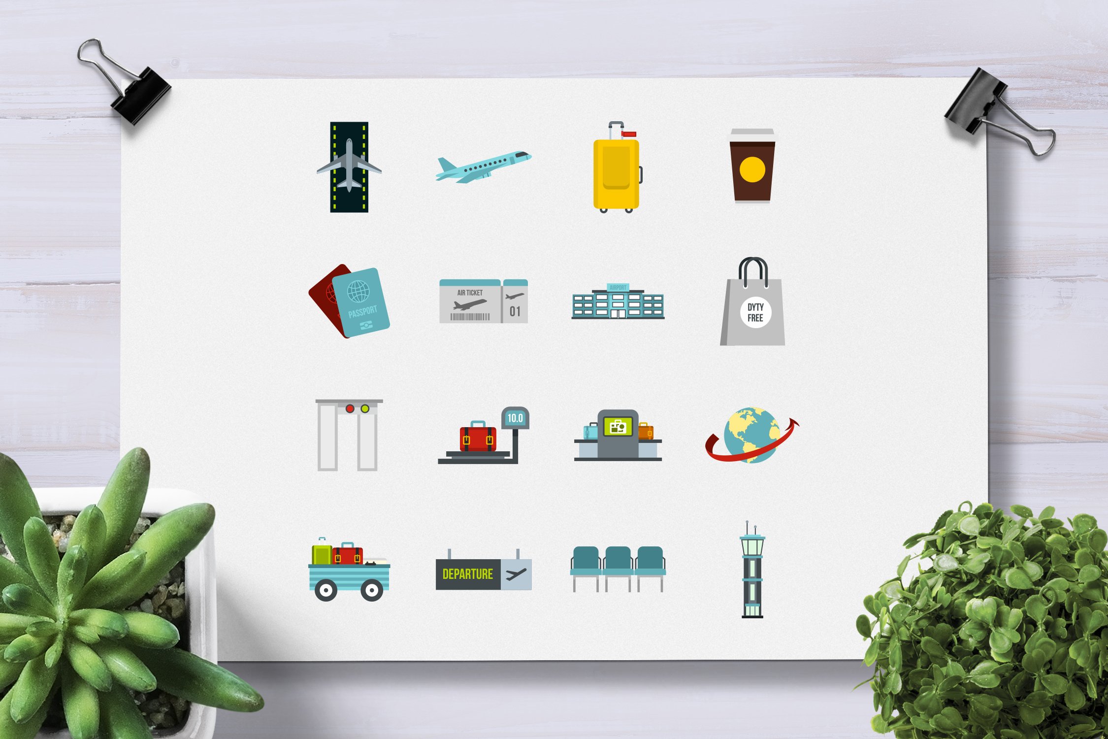 Airport icons set in flat style preview image.