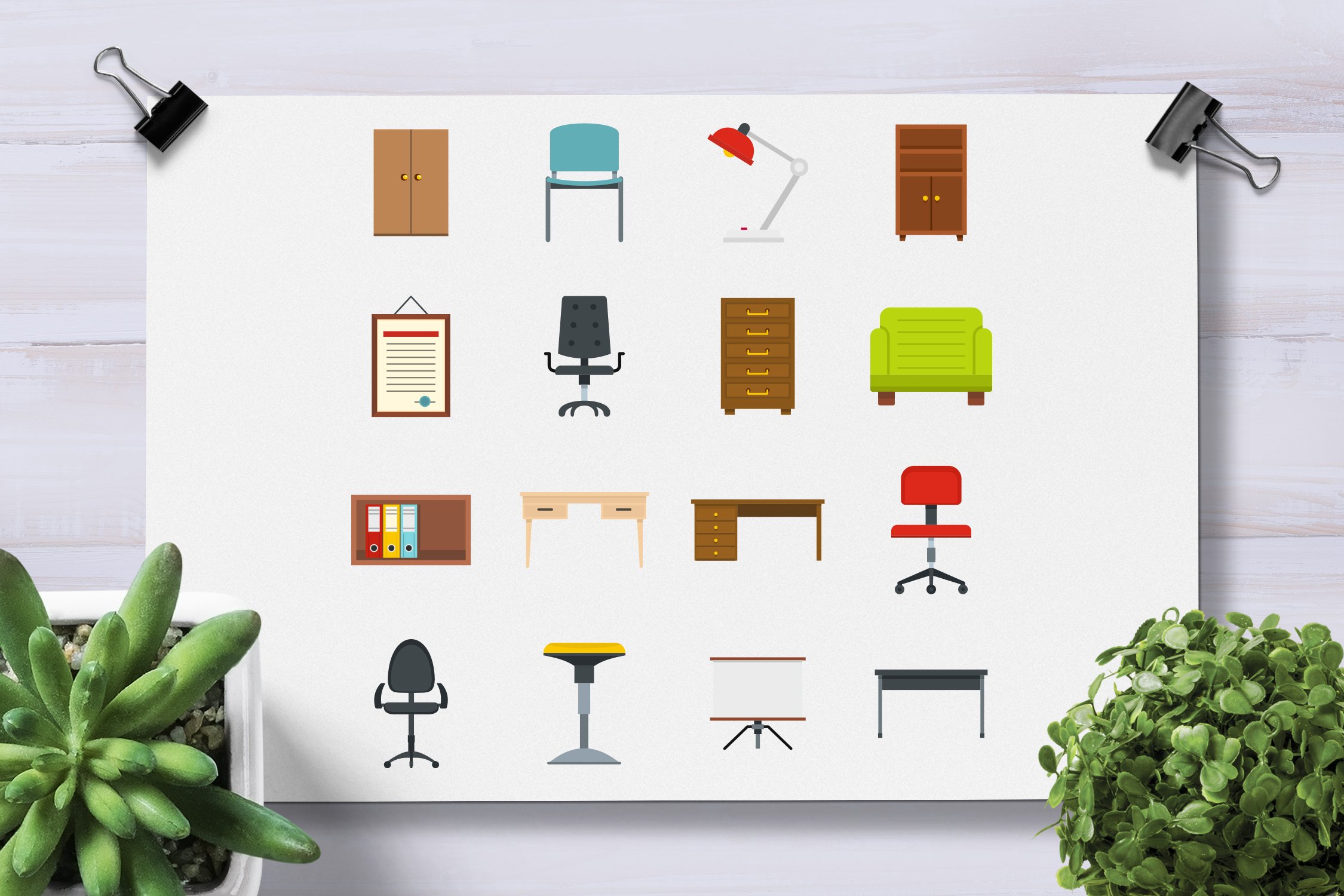 Office furniture icons set in flat preview image.