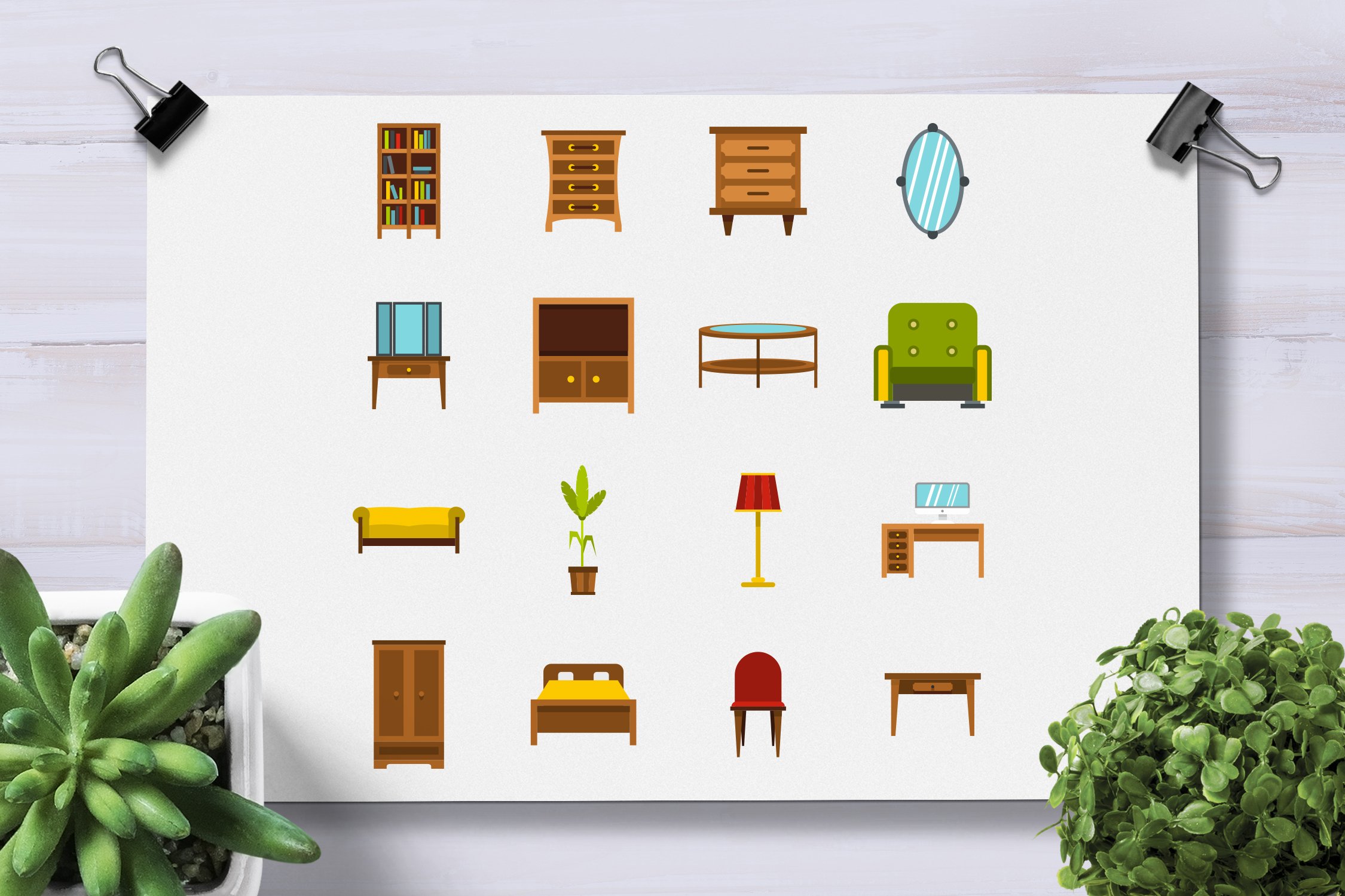 Furniture icons set, flat style preview image.