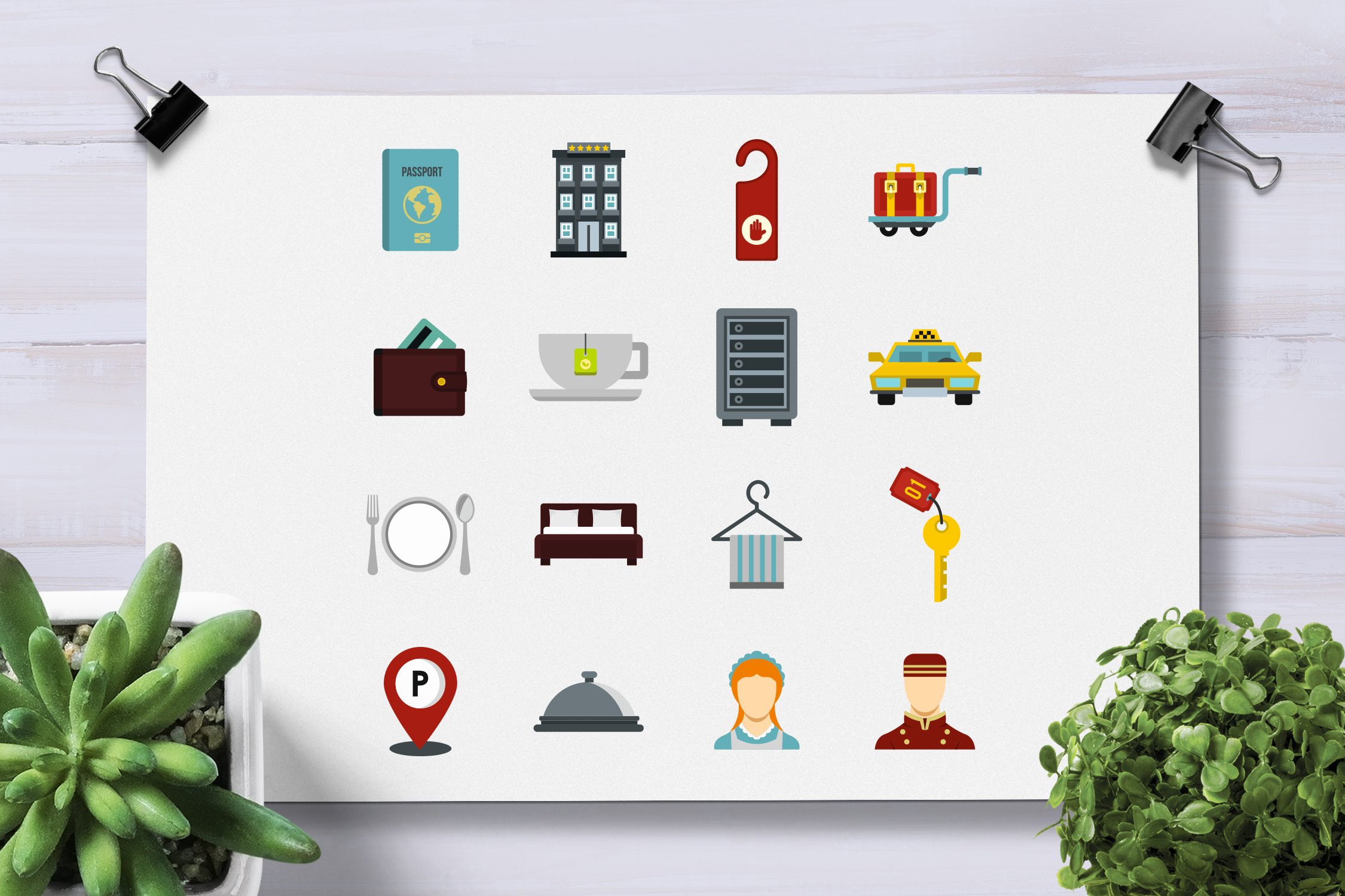 Hotel icons set, flat style preview image.