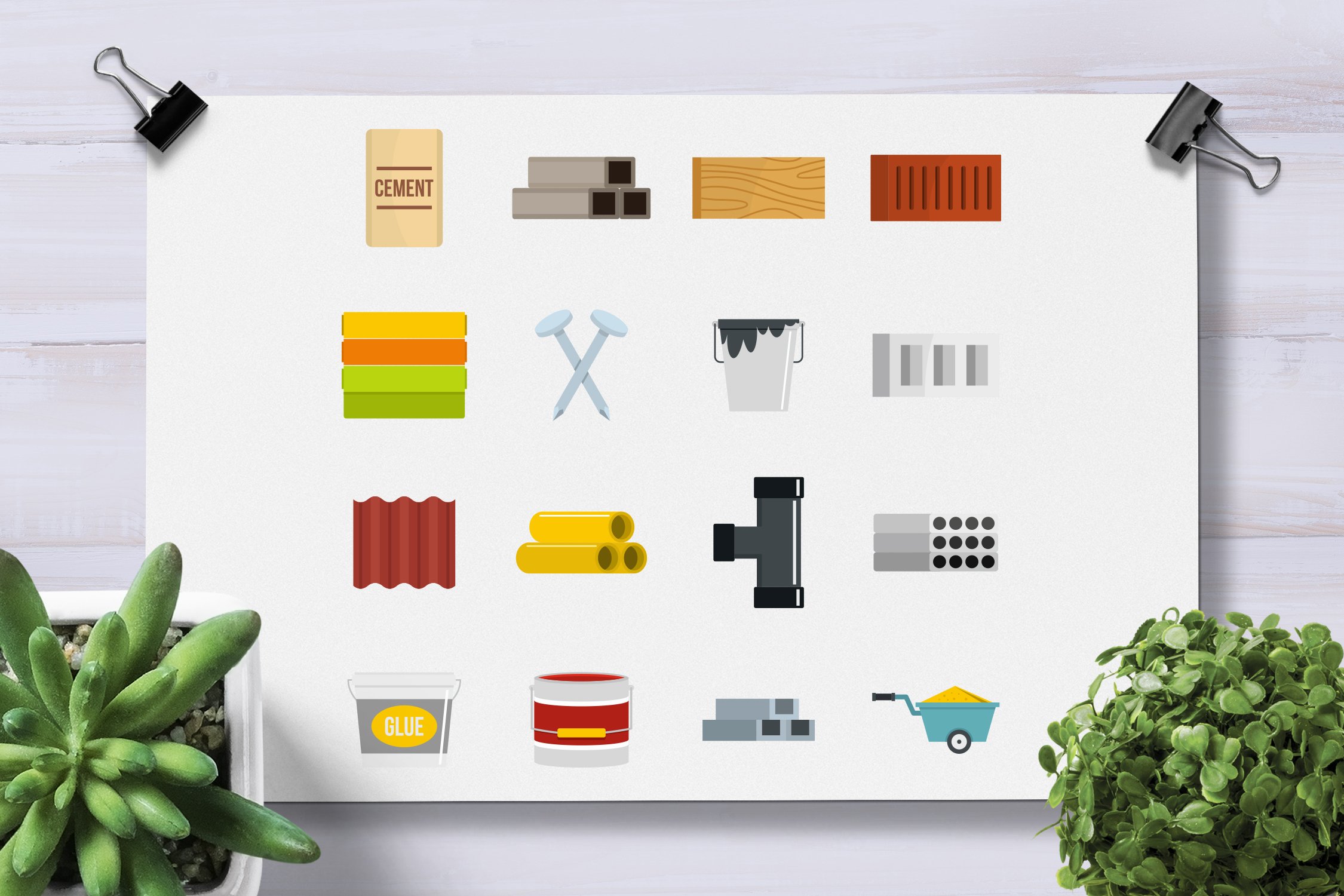 Building materials icons set in flat preview image.