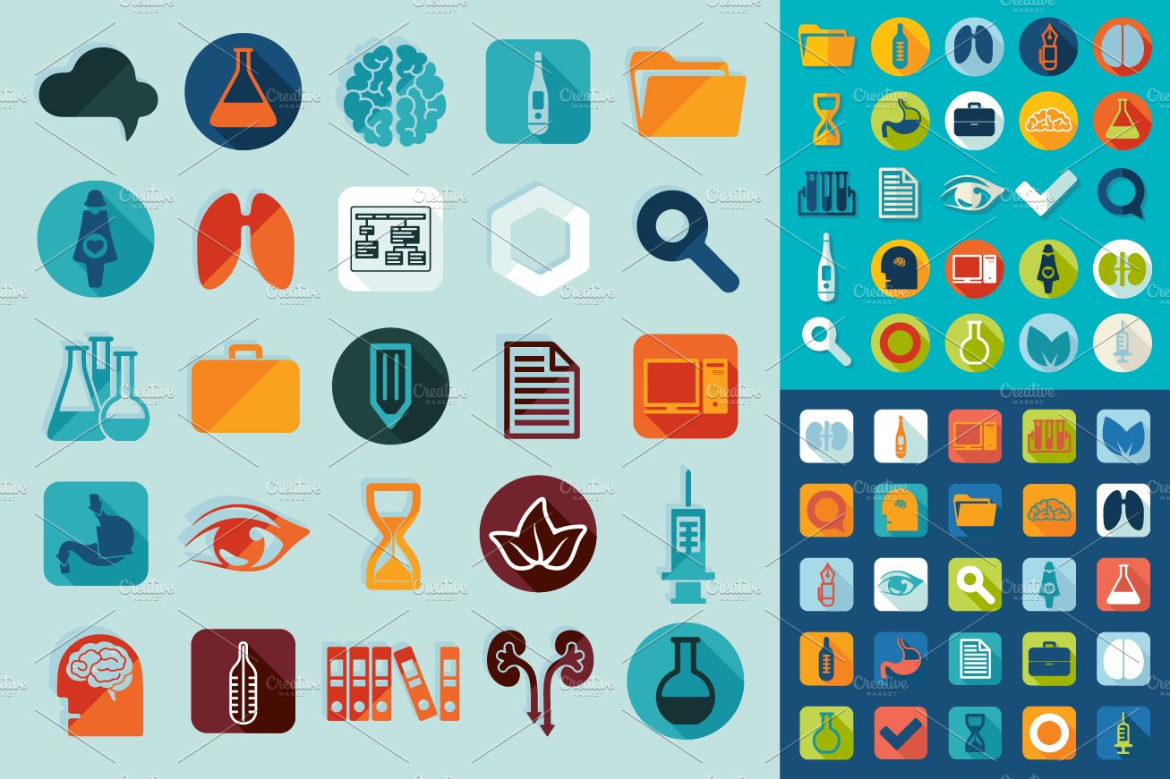 9 sets of medical flat icons preview image.