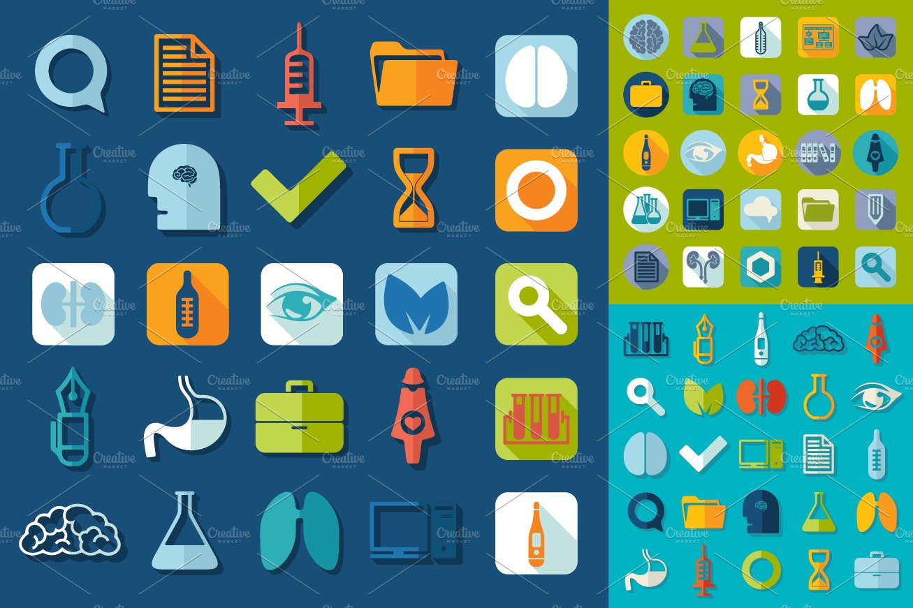 9 sets of medical flat icons cover image.