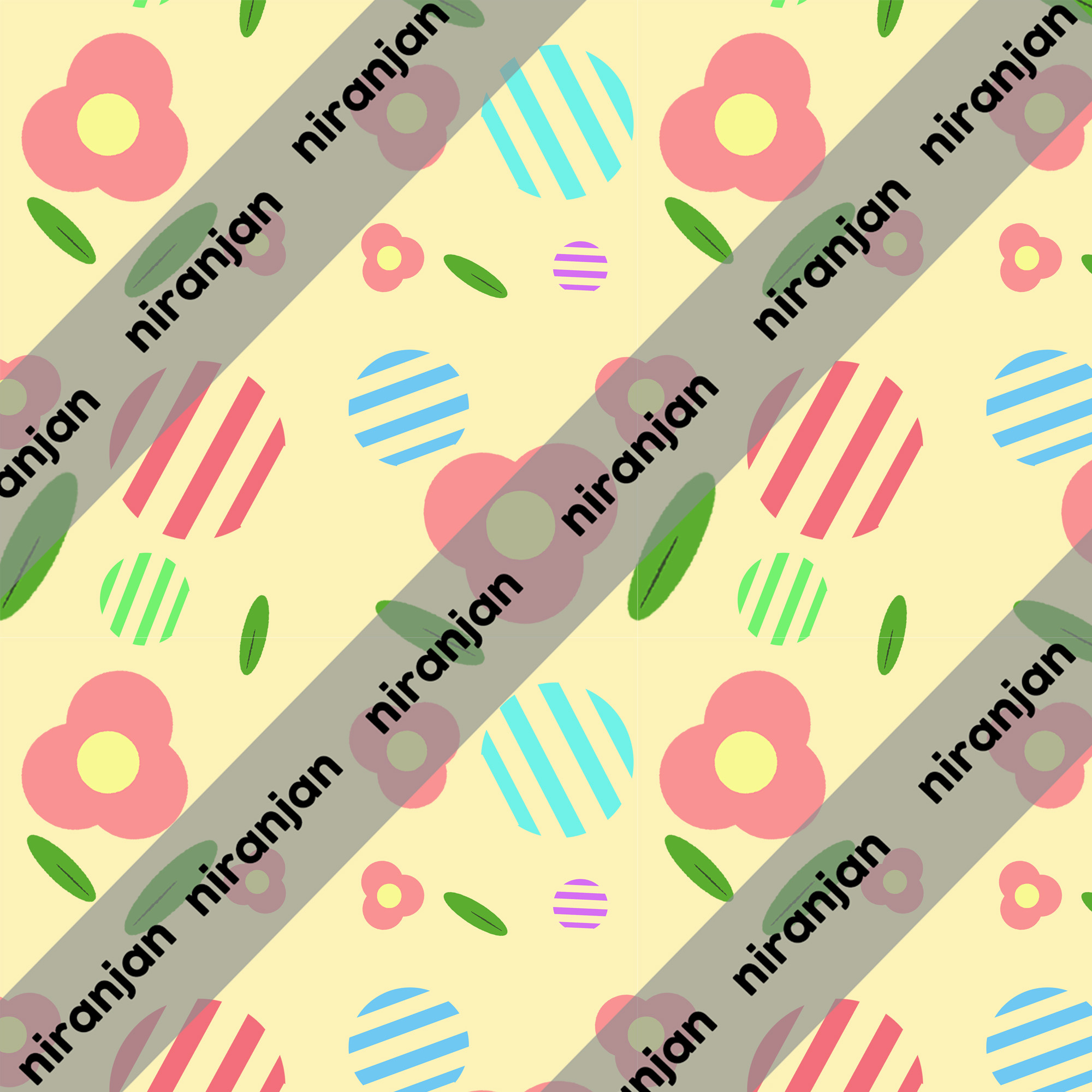 Pattern of flowers and stripes on a yellow background.