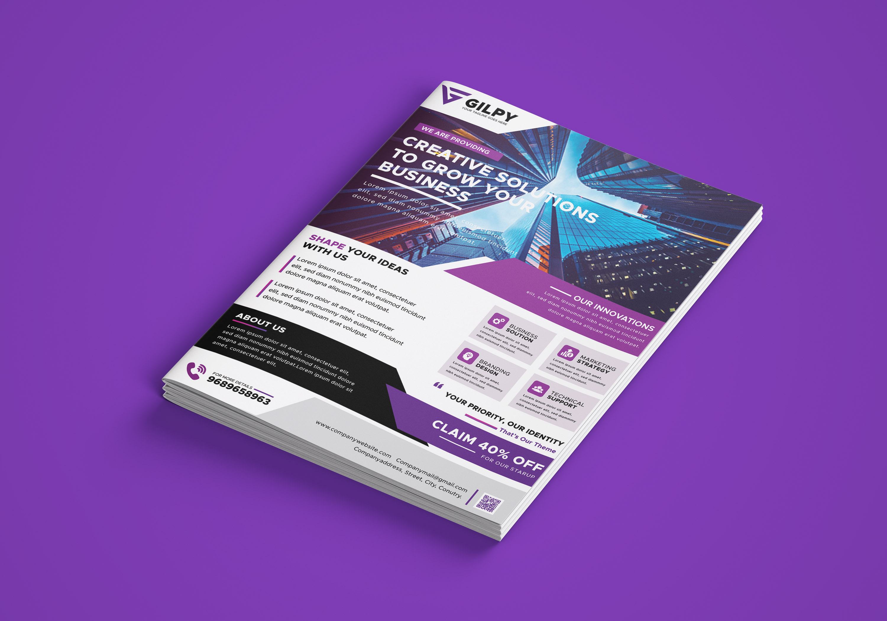 Purple and black business flyer on a purple background.