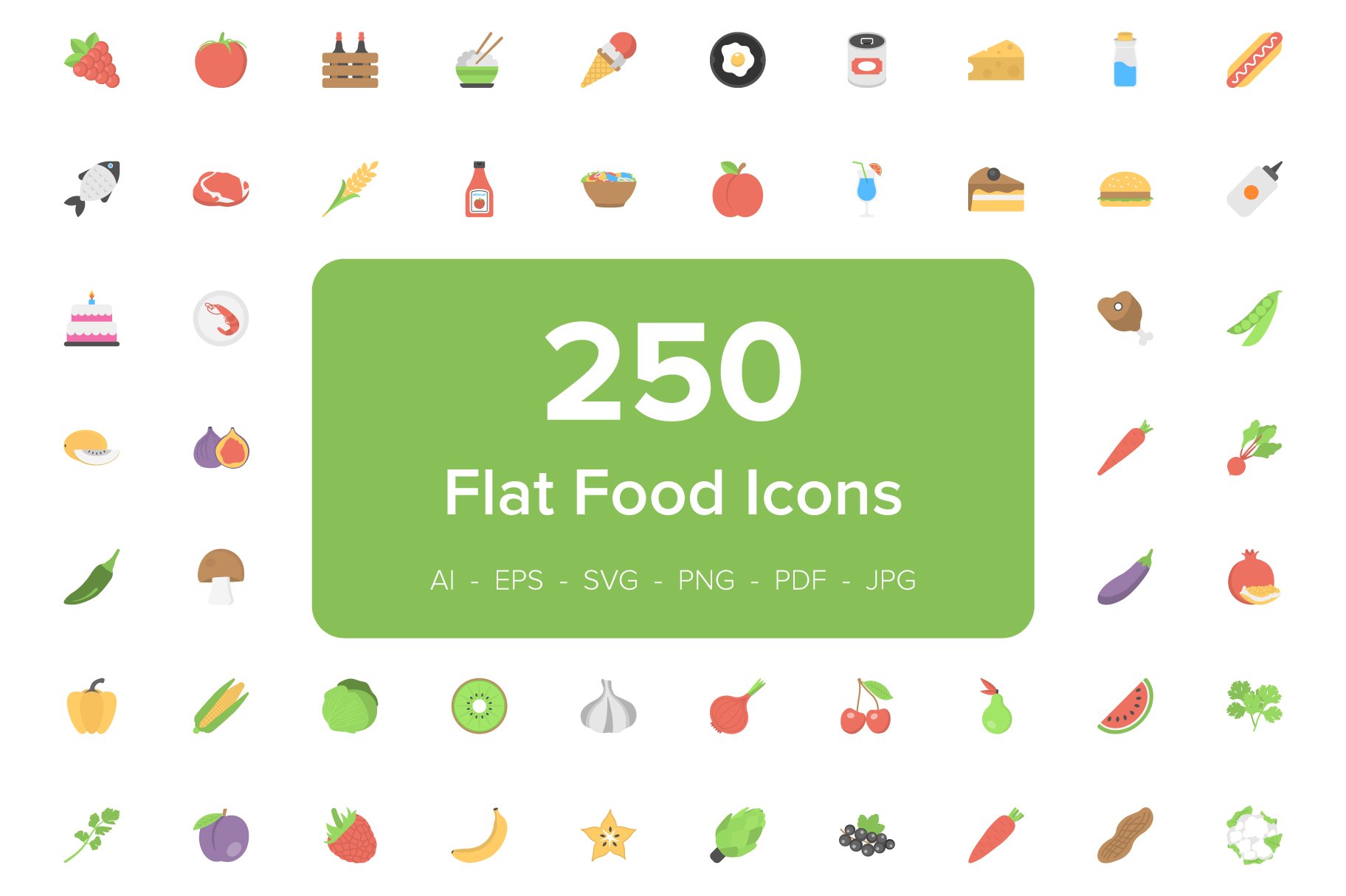 250 Food Flat Vector Icons cover image.