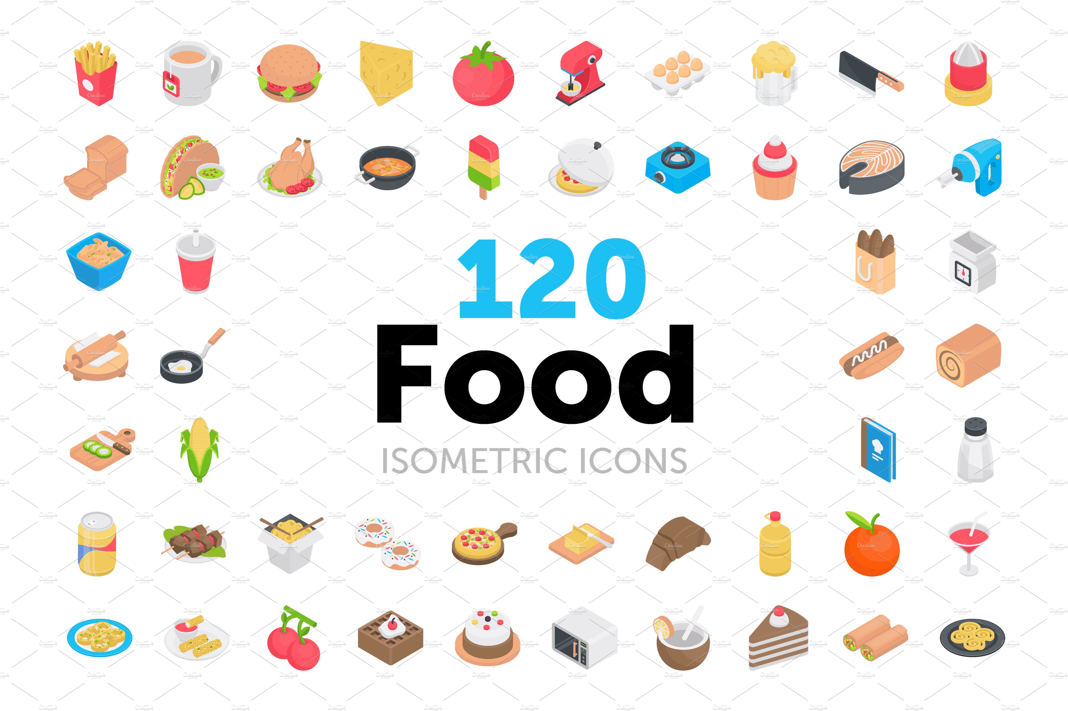 120 Food Isometric Icons cover image.