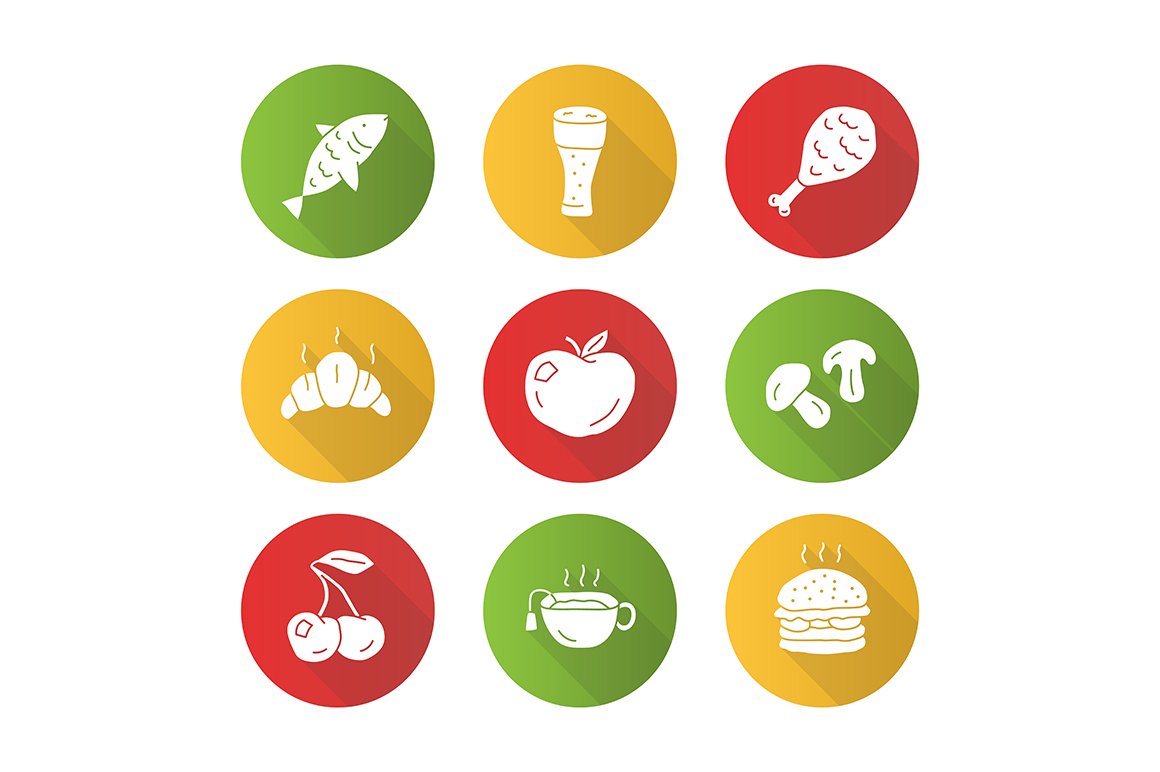 Food and drinks flat design icons cover image.