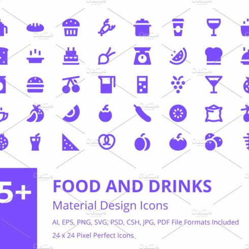 175+ Food and Drinks Material Icons cover image.
