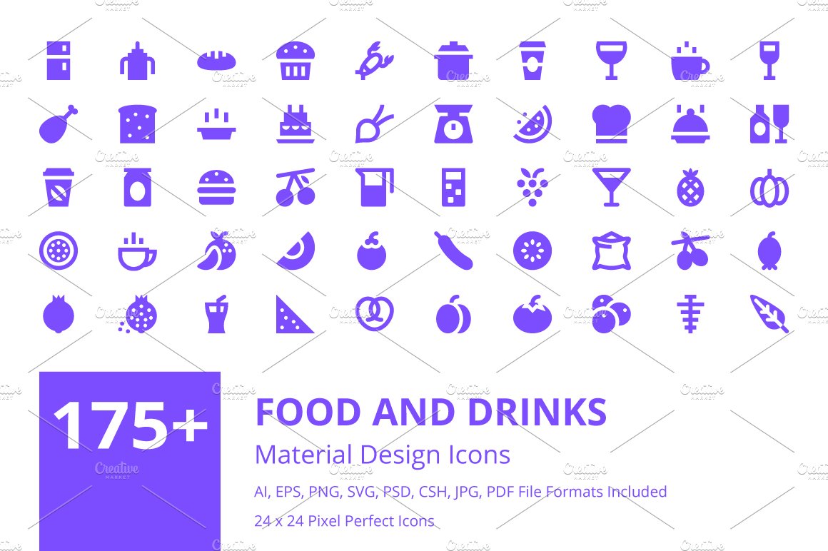 175+ Food and Drinks Material Icons cover image.