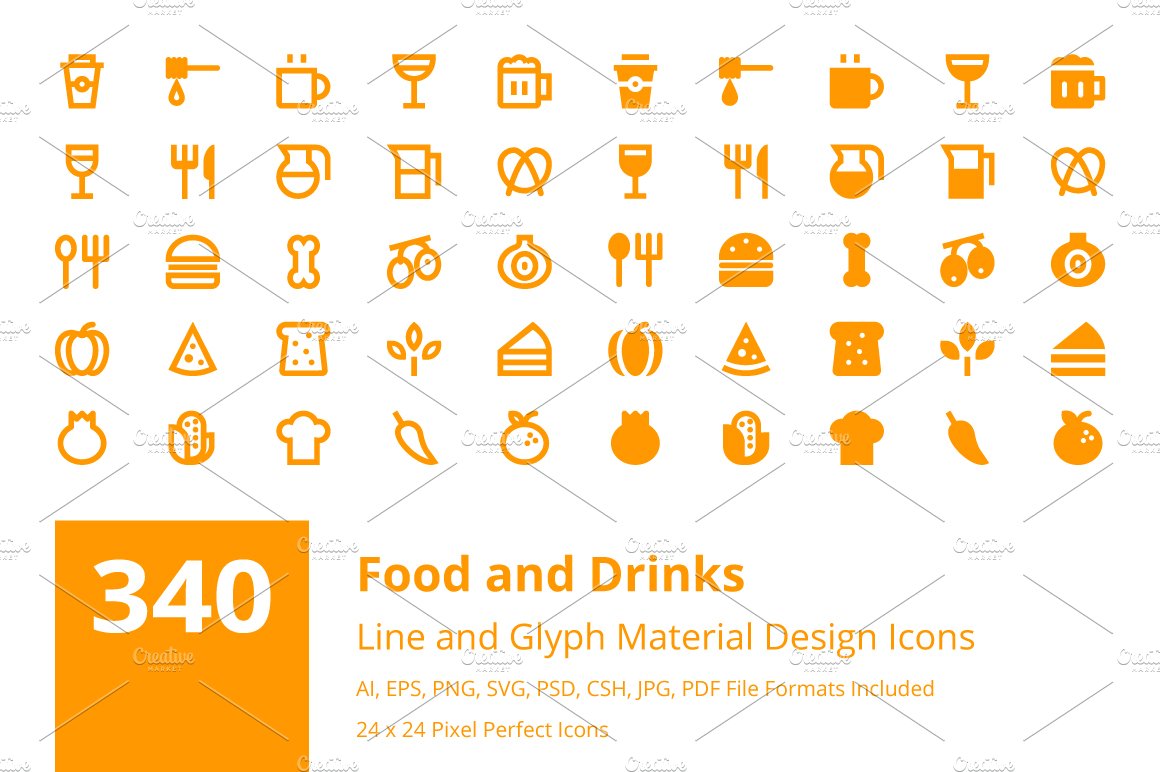 340 Food and Drinks Material Icons cover image.