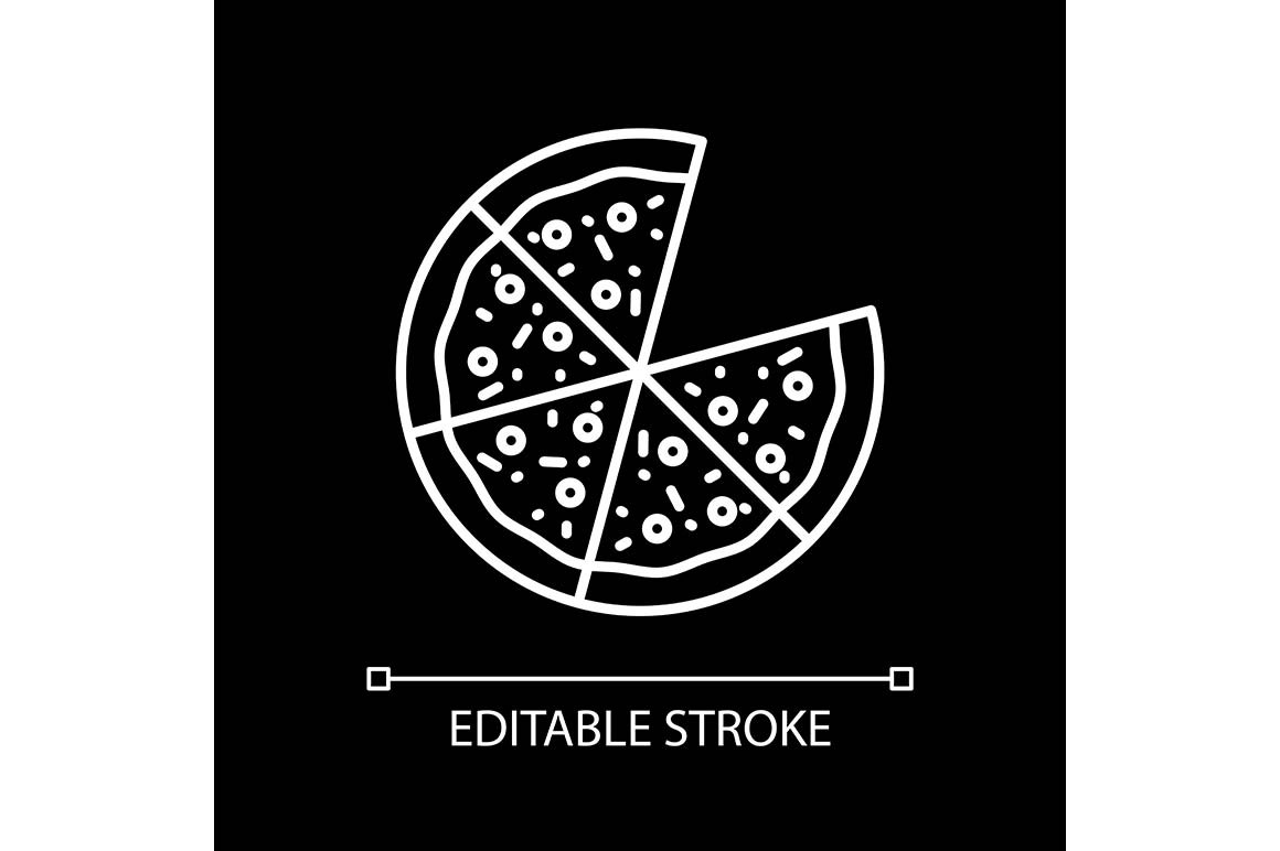 Pizza with slices white linear icon cover image.