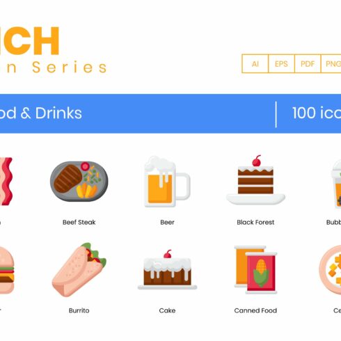 100 Food & Drinks Icons | Rich cover image.