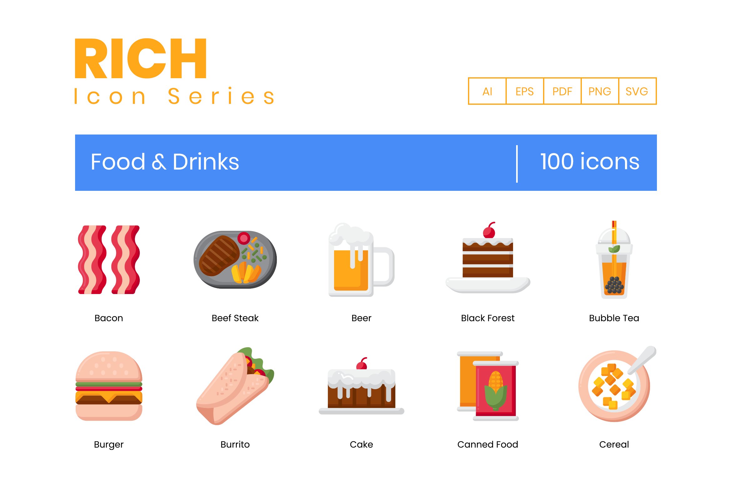 100 Food & Drinks Icons | Rich cover image.