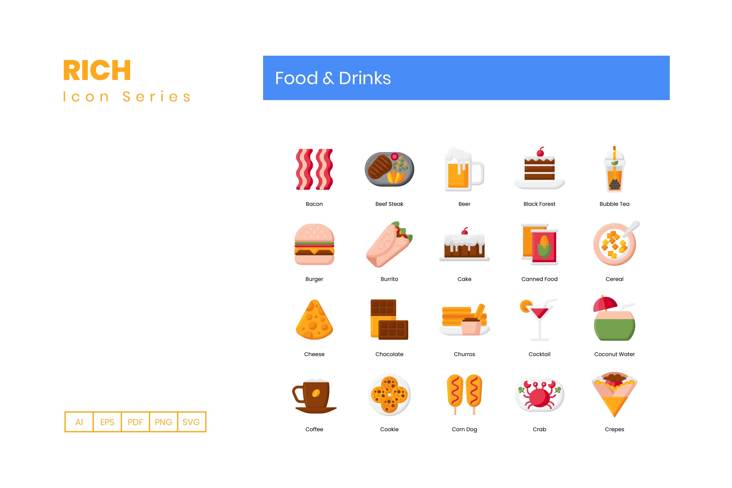 100 Food & Drinks Icons | Rich preview image.