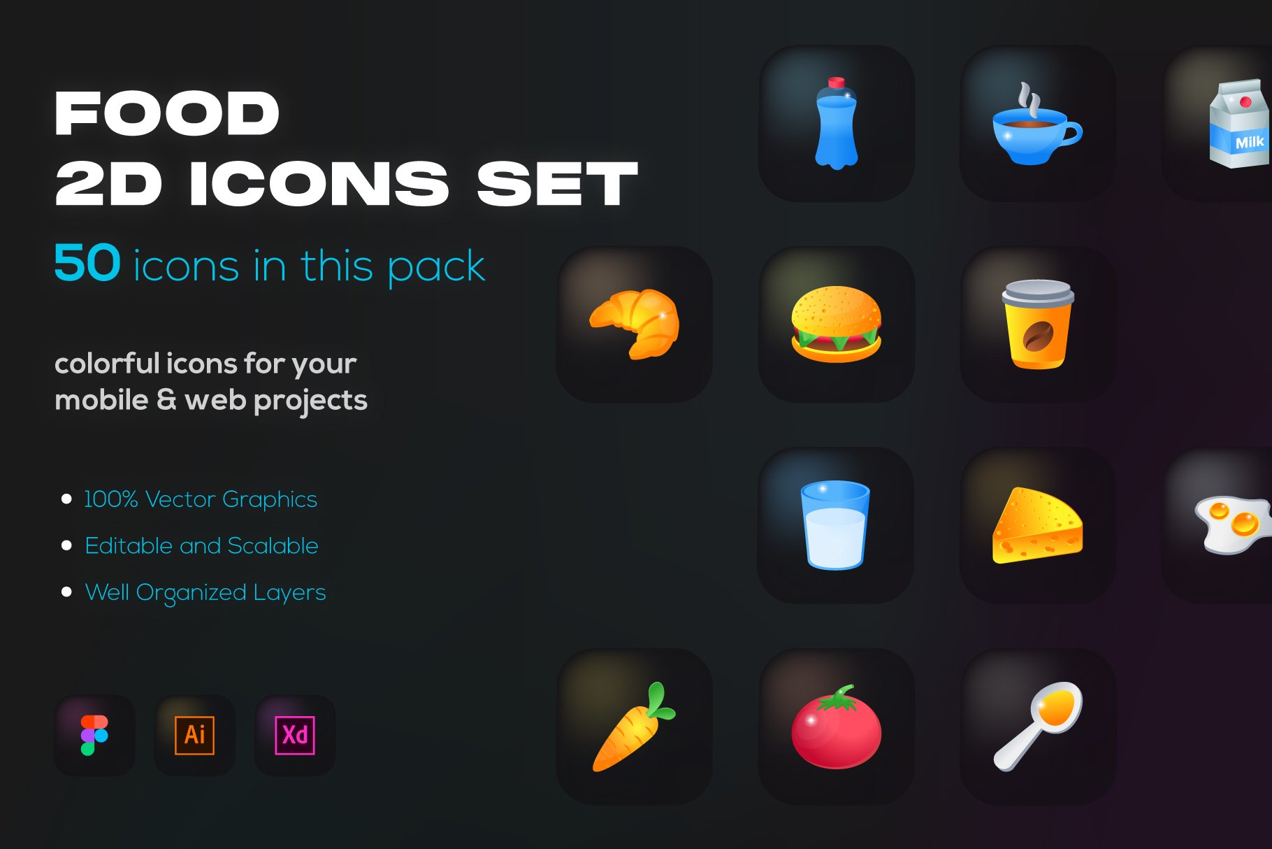 50 Flat Food and Drink Icons cover image.